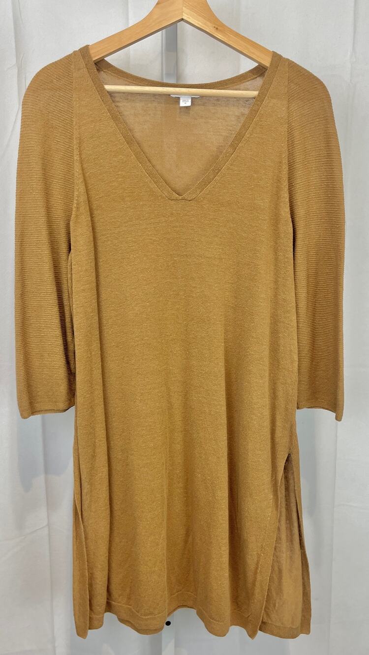 J. JILL Lightweight Slit Above Knee Tunic Sweater V-Neck Linen Blend Brown Tan M